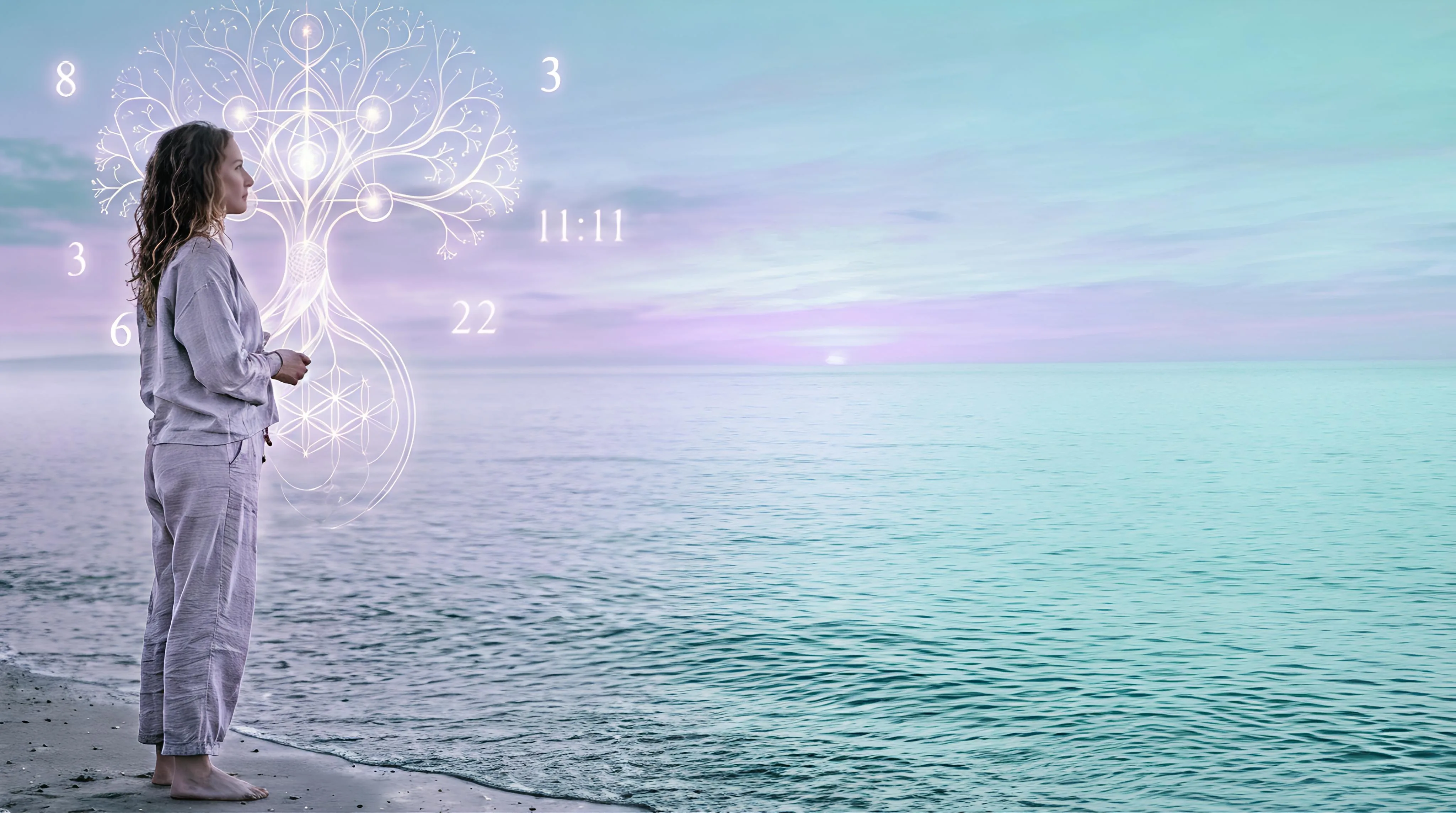 Mujer frente al mar al atardecer, con un árbol de luz y números luminosos a su alrededor