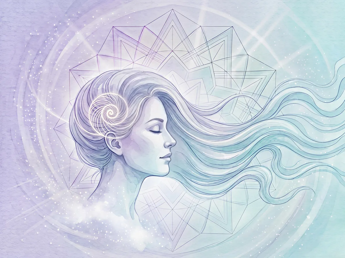 Perfil de mujer con una espiral de luz en el cabello